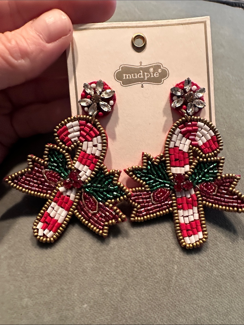 Mud Pie Red, White & Green Beaded Candy Cane Drop Earrings